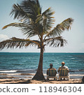 Sunny Seaside Retreat: African American couple lounging on sun loungers under palm tree on beautiful coastal beach. 118946304