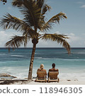 Sunny Seaside Retreat: African American couple lounging on sun loungers under palm tree on beautiful coastal beach. 118946305