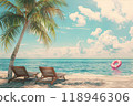 Sunny Seaside Retreat: sun loungers under palm tree on beautiful coastal beach. 118946306