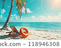 Sunny Seaside Retreat: sun loungers under palm tree on beautiful coastal beach. 118946308