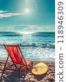 Sunny Seaside Retreat: sun loungers under palm tree on beautiful coastal beach. 118946309
