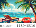 Sunny Seaside Retreat: sun loungers under palm tree on beautiful coastal beach. 118946310