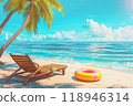 Sunny Seaside Retreat: sun loungers under palm tree on beautiful coastal beach. 118946314