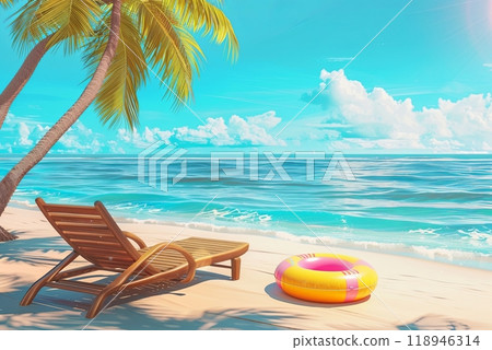 Sunny Seaside Retreat: sun loungers under palm tree on beautiful coastal beach. 118946314