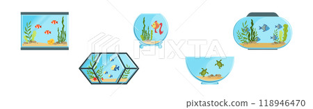 Fish Bowl and Aquarium with Sand Bottom and Water Vector Set Fish Bowl and Aquarium with Sand Bottom and Water Vector Set 118946470