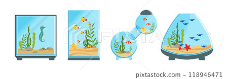Fish Bowl and Aquarium with Sand Bottom and Water Vector Set 118946471