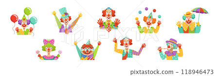 Funny Clown Character with Friendly Colorful Face Vector Set 118946473