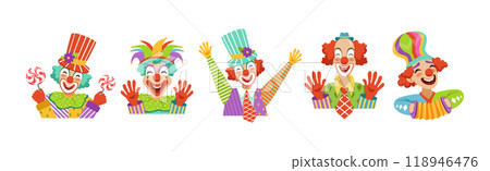 Funny Clown Character with Friendly Colorful Face Vector Set Funny Clown Character with Friendly Colorful Face Vector Set 118946476