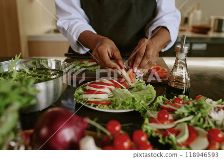 Medium close up of unrecognizable female hands decorating dish with tomatoes and mozzarella Medium close up of unrecognizable female hands decorating dish with tomatoes and mozzarella 118946593