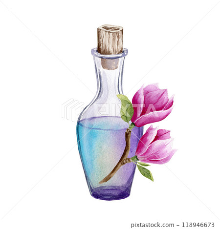 Vintage lilac perfume bottle with pink magnolia branch. Watercolor illustration isolated on white background. For design, posters, cards, postcards 118946673