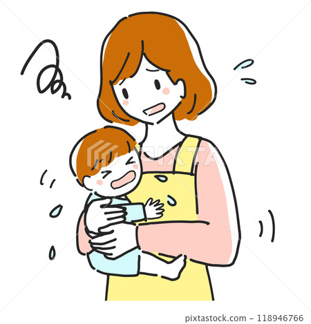 Illustration of a mother holding a crying baby 118946766