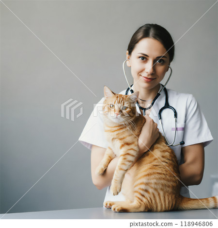 Female veterinarian holding a cat Female veterinarian holding a cat 118946806