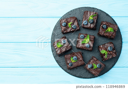 Homemade chocolate brownie photography . Top view 118946869
