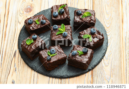 Homemade chocolate brownie photography . Top view 118946871