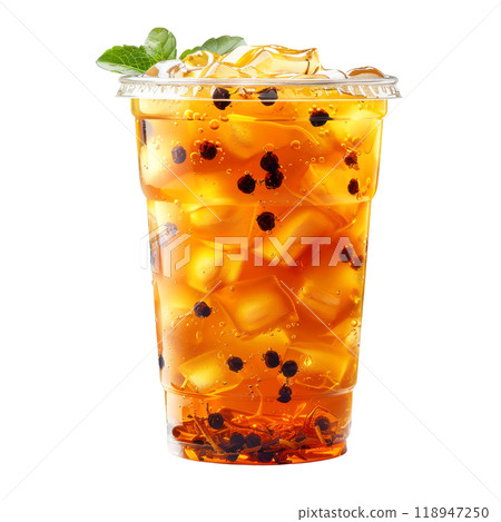 Fresh thai tea with ice cube in plastic glass isolated on white background with clipping path. object clip art and element 118947250