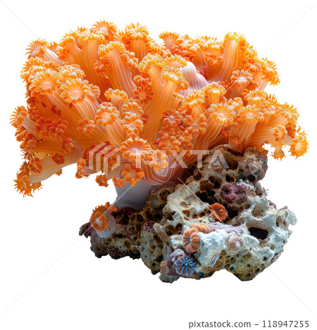 Fresh orange coral on stone isolated on white background with clipping path. object clip art and element Fresh orange coral on stone isolated on white background with clipping path. object clip art and element 118947255