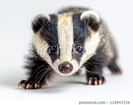 Wildlife of baby European badger is six months old animal isolated on white background 118947256