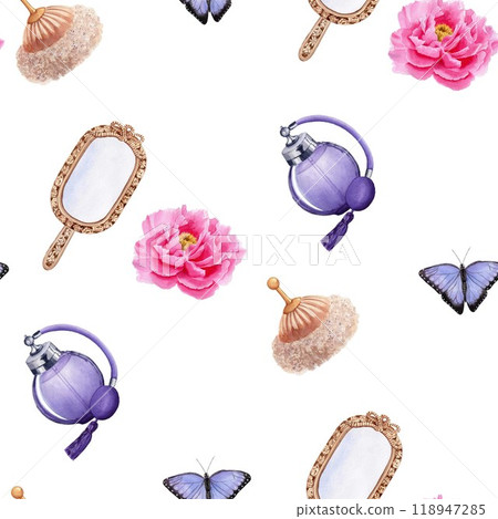 Seamless pattern with vintage perfume bottles, butterfly, powder puff, peony, mirror. Watercolor illustration on white background for textile, fabric Seamless pattern with vintage perfume bottles, butterfly, powder puff, peony, mirror. Watercolor illustration on white background for textile, fabric 118947285