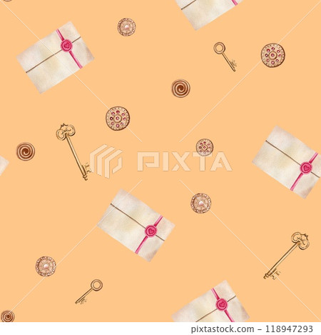 Seamless pattern with vintage keys, envelopes and buttons. Watercolor illustration on orange background for textile, fabric, print, packaging, design 118947293