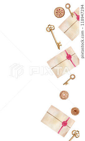 Square postcard with vintage keys, envelopes and buttons. Watercolor illustration isolated on white background. For menu, card, sticker, wrapping 118947294