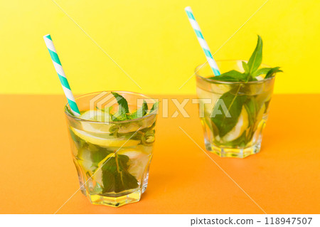 Mojito summer refreshing cocktail with ice and mint. mojito cocktail with lime, lemon and mint in a tall glass with a stick Mojito summer refreshing cocktail with ice and mint. mojito cocktail with lime, lemon and mint in a tall glass with a stick 118947507