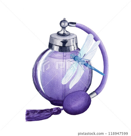 Vintage lilac perfume bottle with blue dragonfly. Watercolor hand drawn illustration isolated on white background. For design, poster, card, postcard 118947599