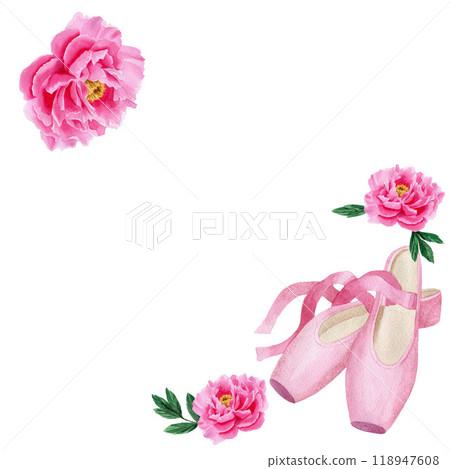 Square card with pink pointe shoes and peony. Watercolor hand drawn illustration isolated on white background. For design, posters, cards, postcards 118947608