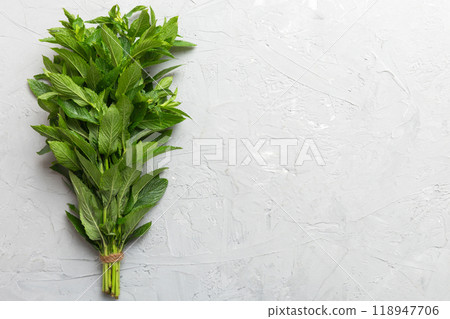 Fresh mint bunch on colored table. Top view with copy space 118947706