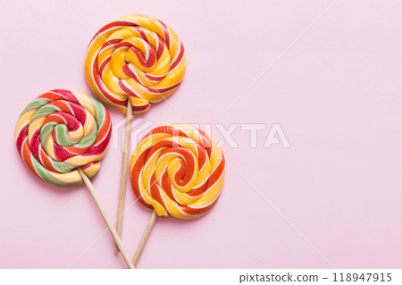 Set of colorful lollipops on colored background. Summer concept. Party Happy Birthday or Minimalist Concept 118947915