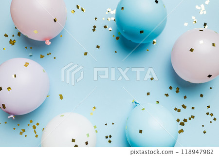 Flat lay party decoration concept on pastel colored background from above. Love concept. Holiday celebration. Valentine Day or birthday party decoration Flat lay party decoration concept on pastel colored background from above. Love concept. Holiday celebration. Valentine Day or birthday party decoration 118947982
