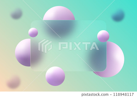 Website landing page template in glass morphism style. Frosted glass partition with floating spheres. 118948117