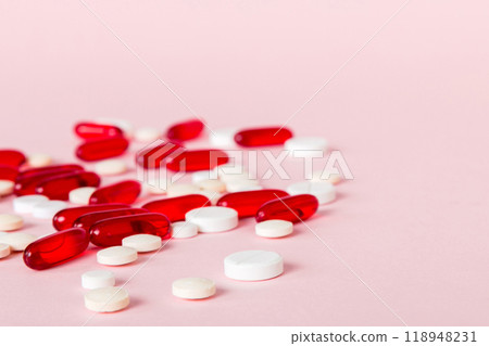 Many different colorful medication and pills perspective view. Set of many pills on colored background Many different colorful medication and pills perspective view. Set of many pills on colored background 118948231