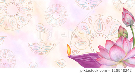 Oil Diya Lamp with burning yellow flame, pink lotus flowers, geometric rangoli on watercolor splashes and strokes. Traditional Happy Diwali festival illustration with empty space for text Oil Diya Lamp with burning yellow flame, pink lotus flowers, geometric rangoli on watercolor splashes and strokes. Traditional Happy Diwali festival illustration with empty space for text 118948242