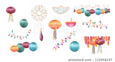 Asian traditional holiday accessories watercolor festive hand painting illustration clip art. Colorful oil Diya candles, paper lanterns with vibrant streamers, lamp garland. Diwali, festival of lights Asian traditional holiday accessories watercolor festive hand painting illustration clip art. Colorful oil Diya candles, paper lanterns with vibrant streamers, lamp garland. Diwali, festival of lights 118948247