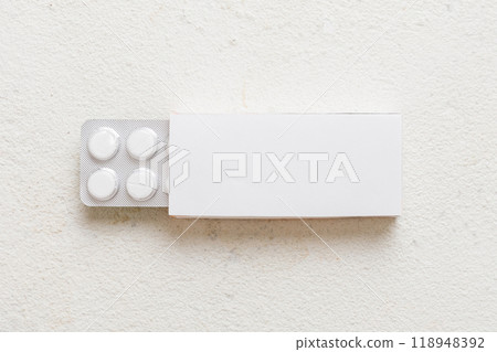 Blank White Product Package Box Mock-up. Open blank medicine drug box with blister top view 118948392