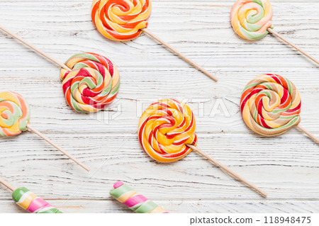Set of colorful lollipops on colored background. Summer concept. Party Happy Birthday or Minimalist Concept 118948475
