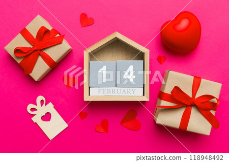 Valentine Day theme with wooden block calendar. Greeting card template for Valentines Day copy space for text 118948492
