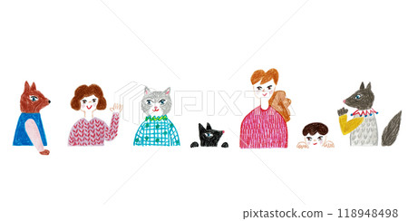 坐在桌旁的成人和兒童的手繪插圖 坐在桌旁的成人和兒童的手繪插圖 118948498