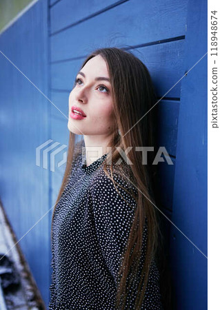 portrait of a young woman with long blond hair in a light dress in winter by blue barn portrait of a young woman with long blond hair in a light dress in winter by blue barn 118948674