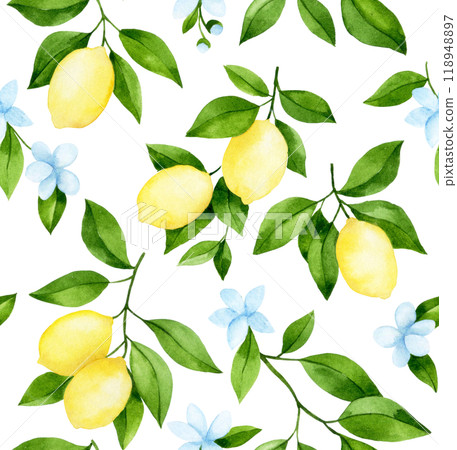 watercolor seamless pattern with cute lemons. branches, flowers and ripe lemon fruits on a white background 118948897