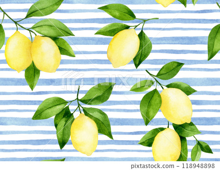 watercolor seamless pattern with yellow lemons on a blue background with stripes. simple print watercolor seamless pattern with yellow lemons on a blue background with stripes. simple print 118948898