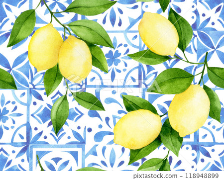 watercolor seamless pattern with blue damask tiles and ripe lemons. watercolor seamless pattern with blue damask tiles and ripe lemons. 118948899