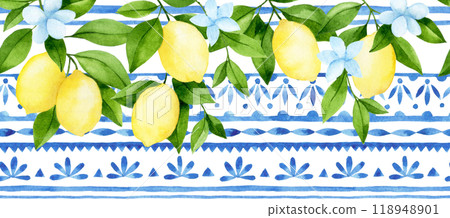 watercolor seamless border with blue damask tiles and ripe lemons watercolor seamless border with blue damask tiles and ripe lemons 118948901