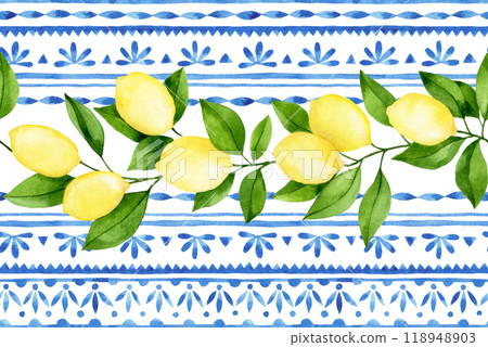 watercolor seamless pattern with blue damask tiles and ripe lemons. watercolor seamless pattern with blue damask tiles and ripe lemons. 118948903