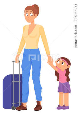 Mom travel with daughter. Cartoon family vacation trip Mom travel with daughter. Cartoon family vacation trip 118948933