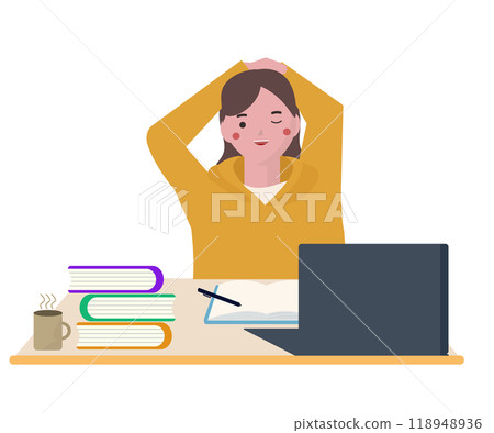 A woman stretching while studying. Vector illustration A woman stretching while studying. Vector illustration 118948936