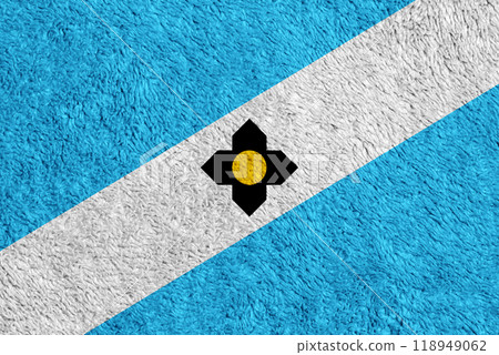 Flag of the city of Madison, Wisconsin, USA, on a background of fabric texture. Conceptual collage 118949062