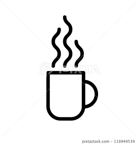 Hot drink in a cup with steam. Tea or coffee in a mug icon. Outline black vector illustration. 118949539