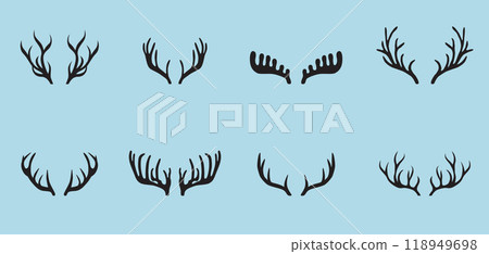 Deer antlers collection isolated on blue background. 118949698