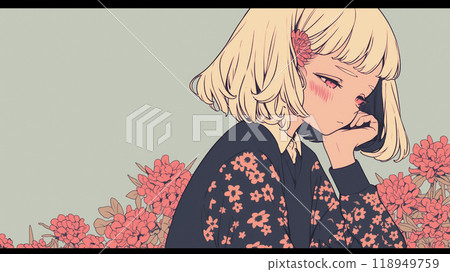 A girl with an ennui-looking expression resting her chin on her hand / AI generated 118949759